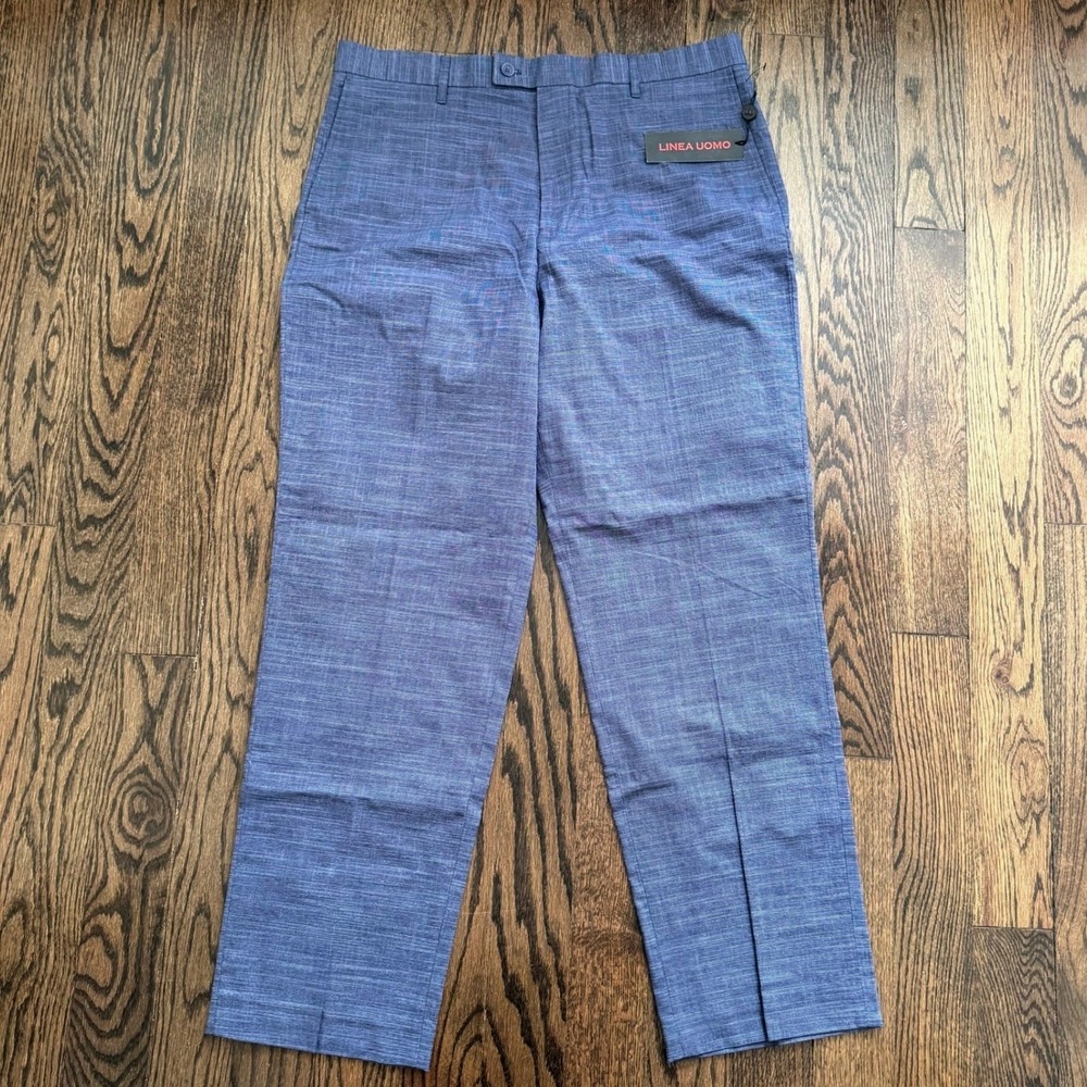 Linea Uomo Mens Blue Textured Dress Pants 38x32 100% Cotton Flat Front NWT
